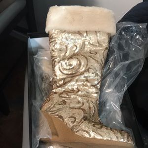 Joan Boyce Gold Sequin Wedge Boots